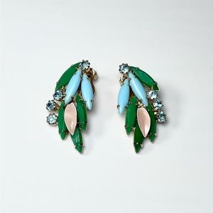 Vintage 1950s Blue, Green and Peach Crawler Clip On Earrings